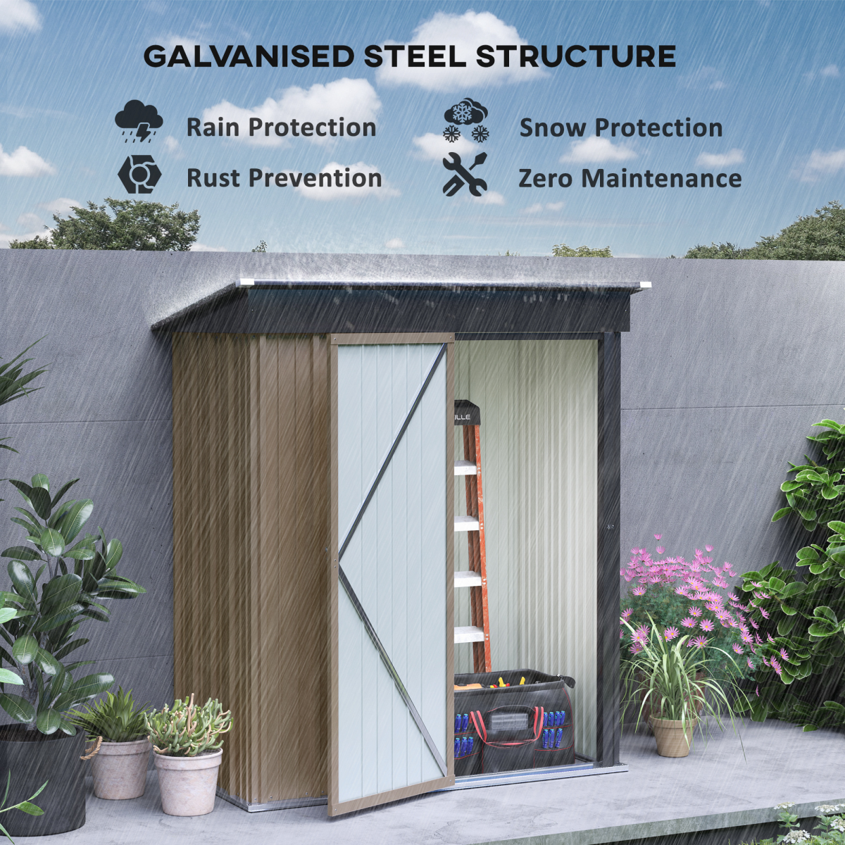 Outsunny Steel Garden Shed, Small Lean-to Shed for Bike, 5x3 ft Brown
