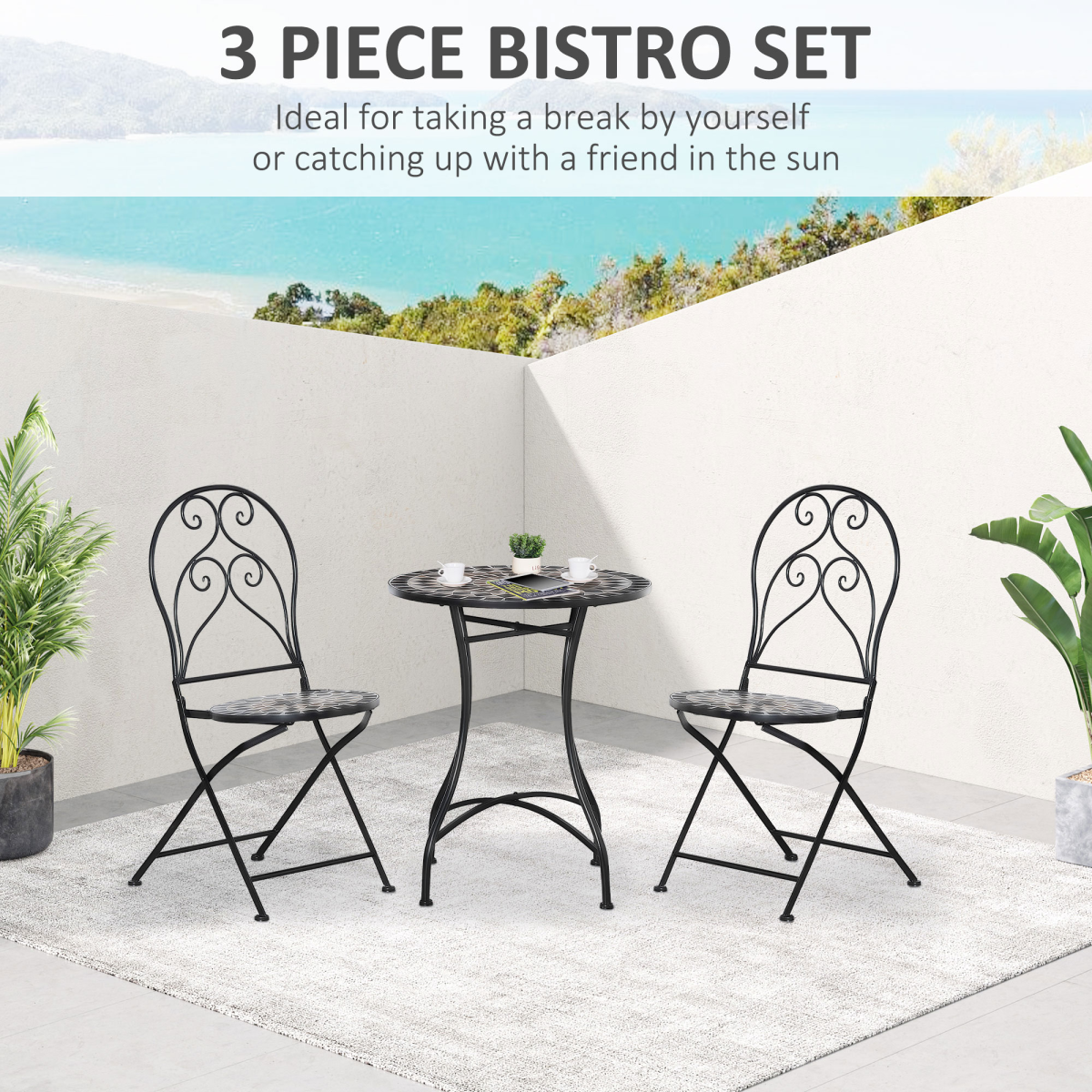 3PC Garden Bistro Set with Mosaic Tile Top and Seats, Metal Frame