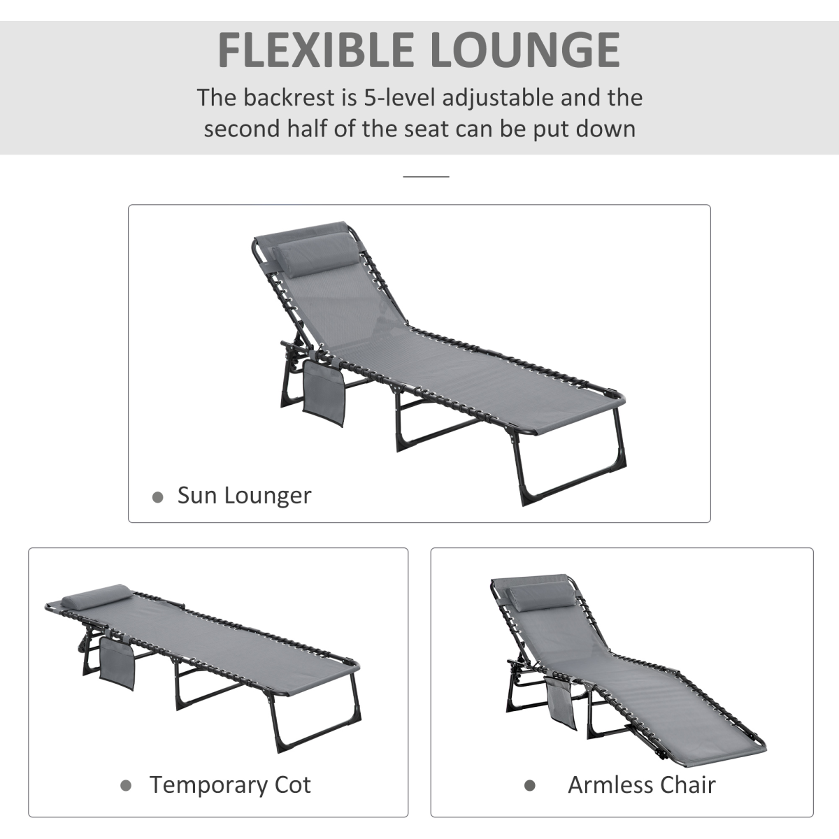 Portable Sun Lounger, Reclining Lounge Chair 5-position Adjustable Pillow Grey