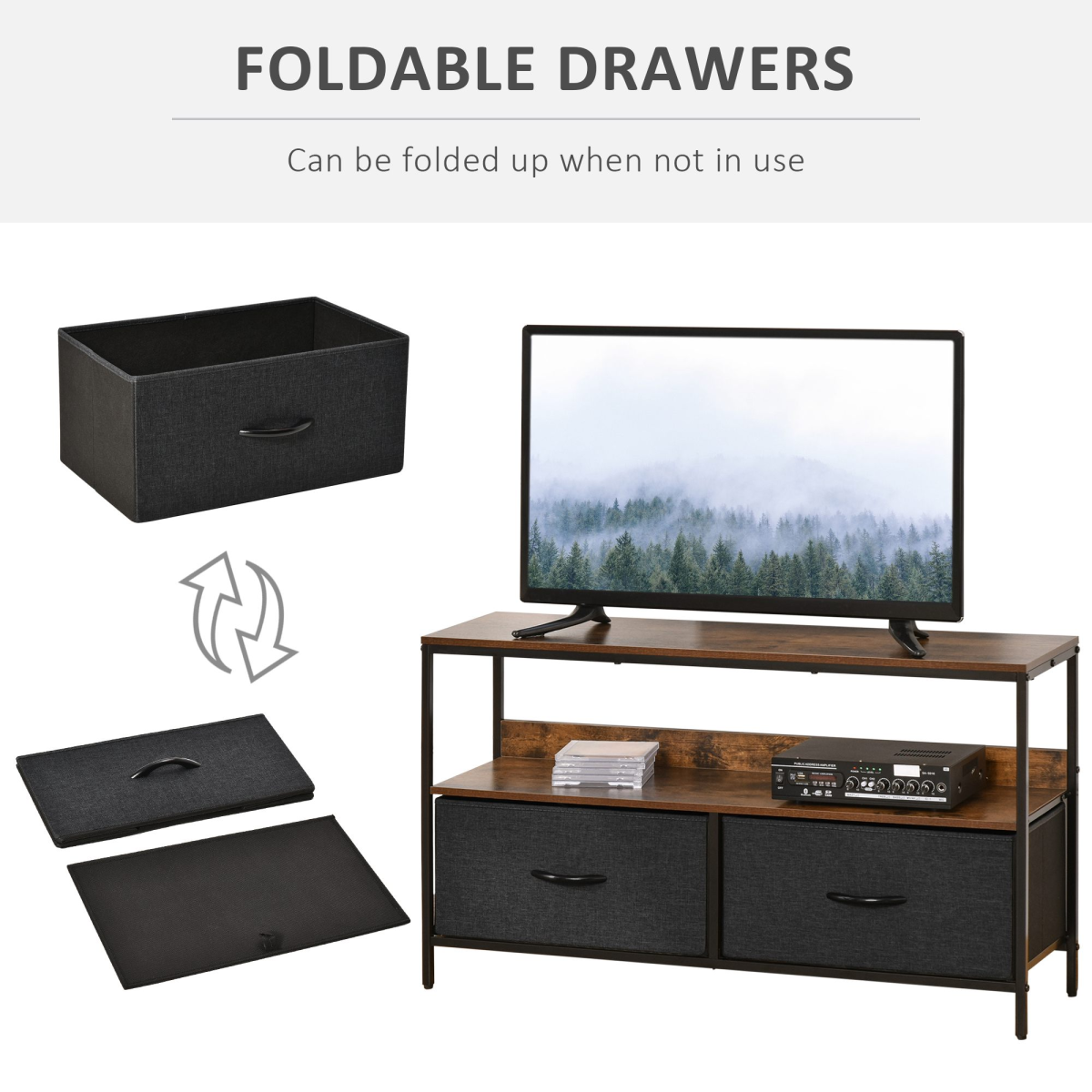 HOMCOM TV Cabinet, TV Console Unit 2 Foldable Linen Drawers, Rustic Brown