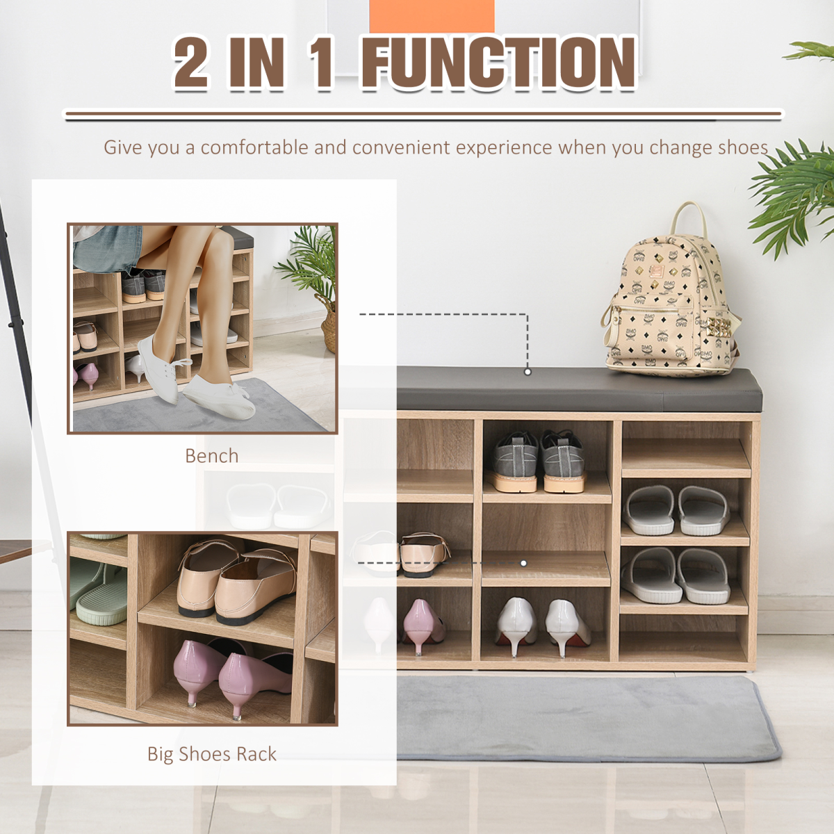 Multi-Storage Shoe Rack 14 Compartments Cushion Moving Shelves  Brown