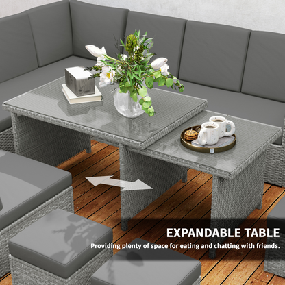 Outsunny 10-Seater Sofa Sectional w/ Cushioned Seat, Footstools and Glass Table