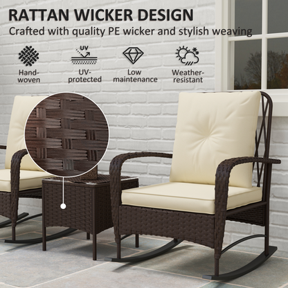 Outsunny Rattan Bistro Set Balcony Furniture with Rocking Chairs, Brown