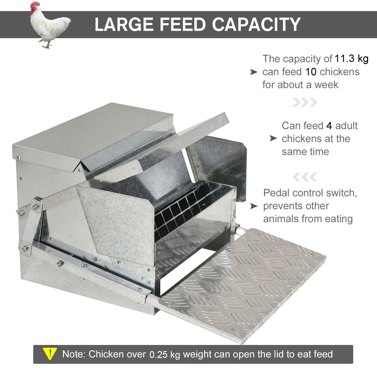 Automatic Chicken Feeder Galvanized Steel Poultry Feeders, 11.5kg of Feeds