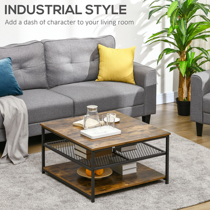 HOMCOM Industrial Coffee Table, Cocktail Table  Storage Shelves, Rustic Brown