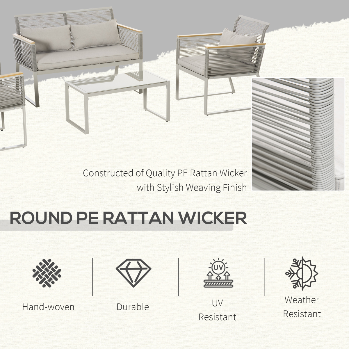 4-Seater Patio Wicker Sofa, Metal Frame PE Rattan Tempered Glass Table Grey
