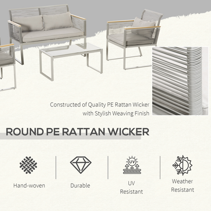 4-Seater Patio Wicker Sofa, Metal Frame PE Rattan Tempered Glass Table Grey