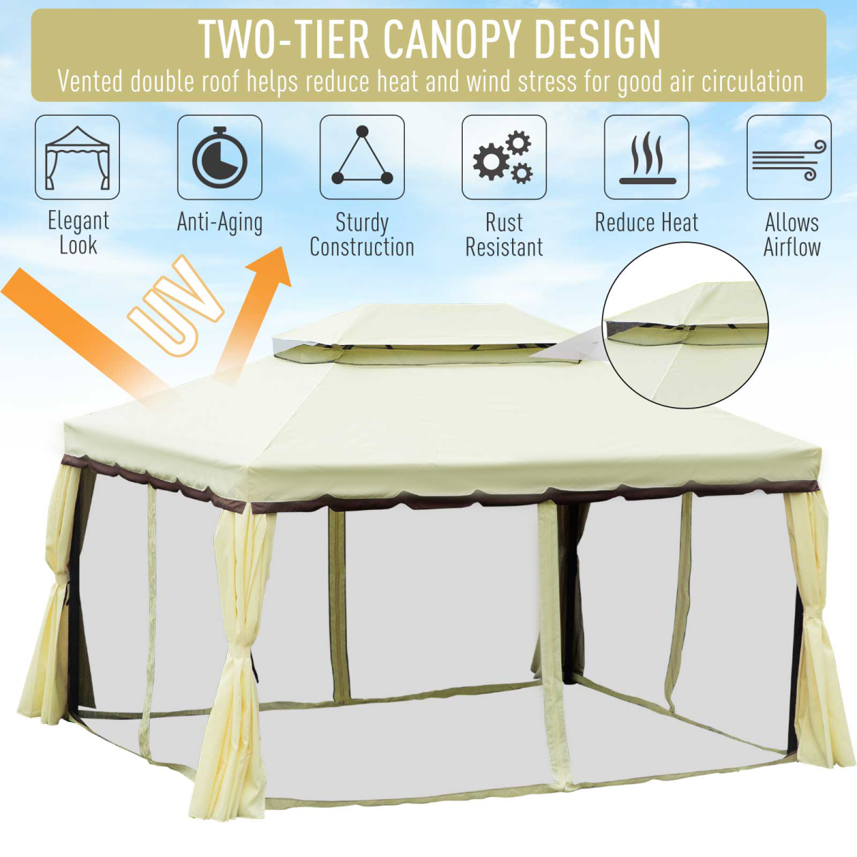 3m x 4m Vented Roof Aluminium Frame Gazebo Cream White