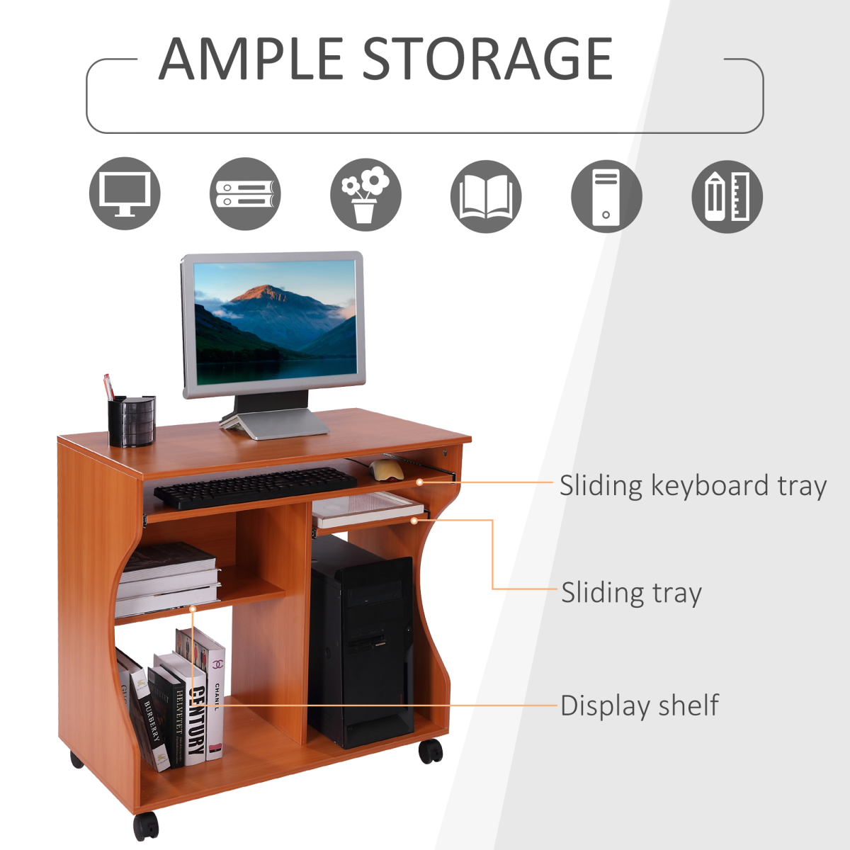 Computer Desk Laptop Writing Table Storage Shelf Workstation Wheels-Cherry Wood