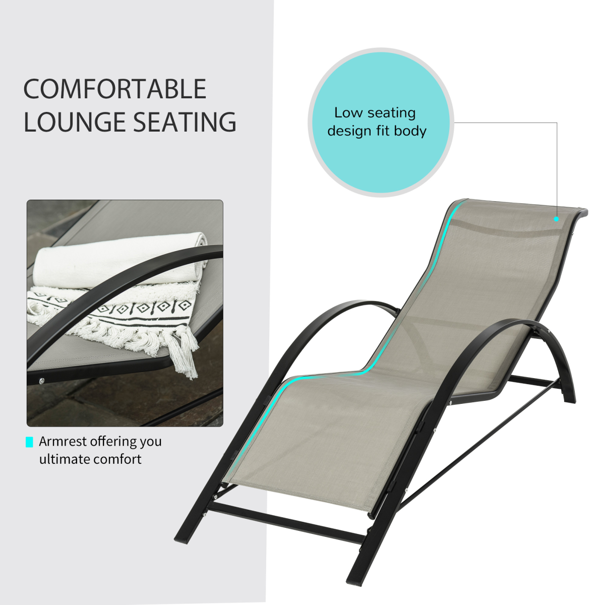 3 Pieces Lounge Chair Set Garden Sunbathing Chair w/ Table Grey Outsunny