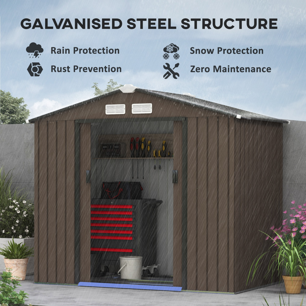 Brown Galvanized Garden Shed - Locking Doors, Ventilation and Floor Base