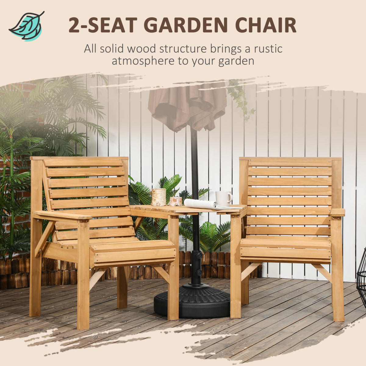 Outsunny Wooden Garden Love Seat w/ Coffee Table Umbrella Hole Partner Bench