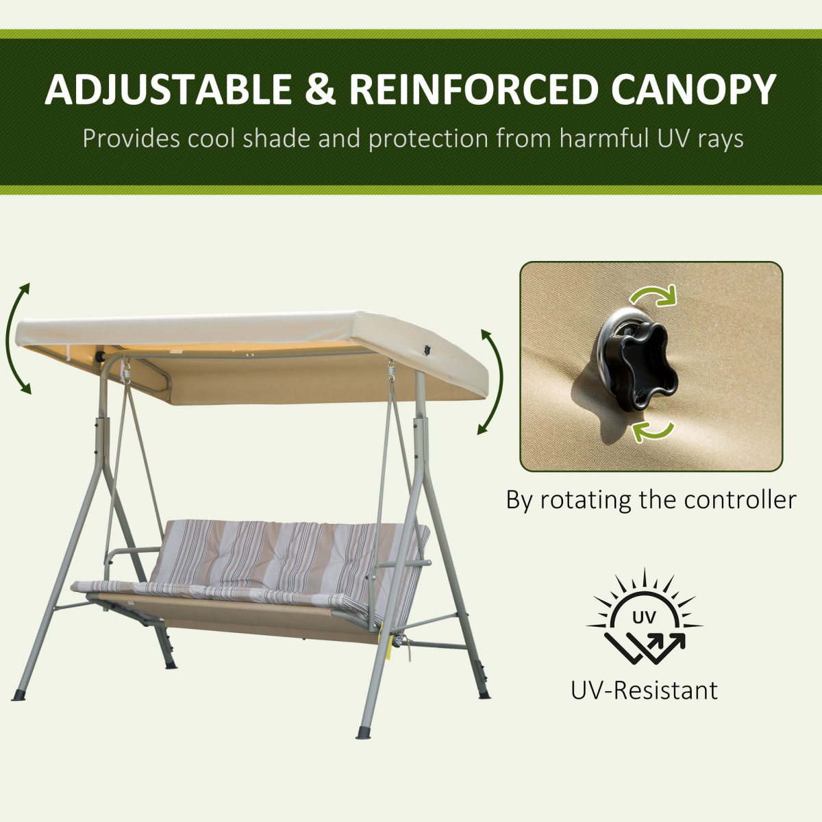 3 Person Porch Swing Chair Outdoor Lounge Bench Canopy Light Brown