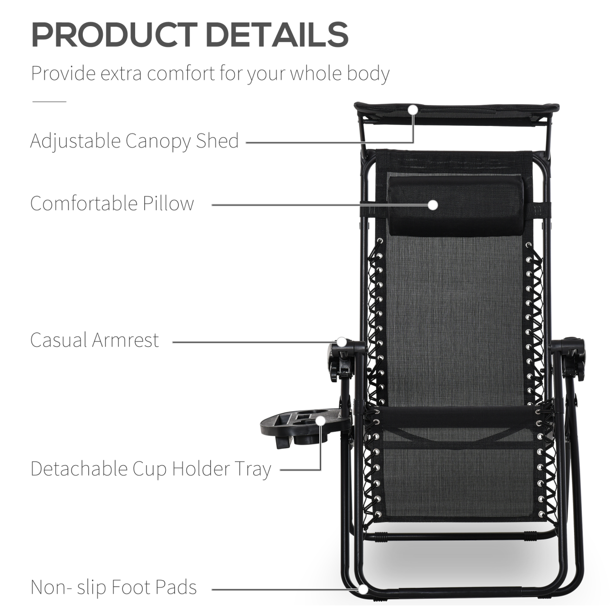 Zero Gravity Folding Sun Lounger Reclining Seat & Cup Holder & Canopy, Black