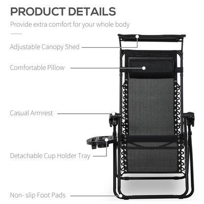 Zero Gravity Folding Sun Lounger Reclining Seat & Cup Holder & Canopy, Black