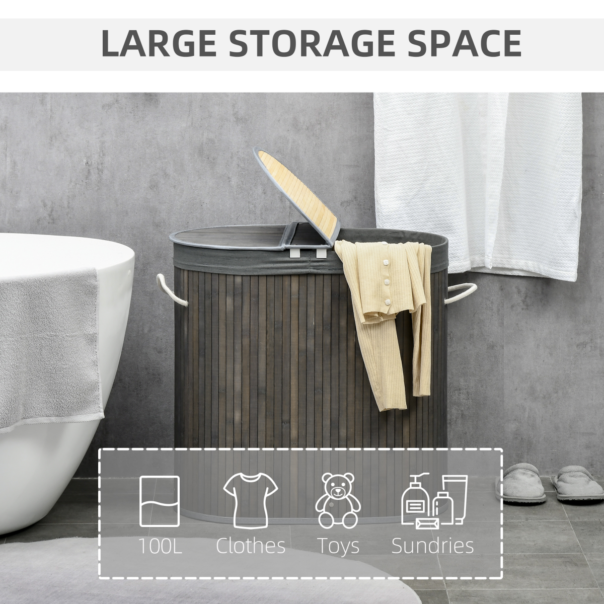 100L Bamboo Laundry Basket w/ 2 Compartments Washing Baskets Grey HOMCOM