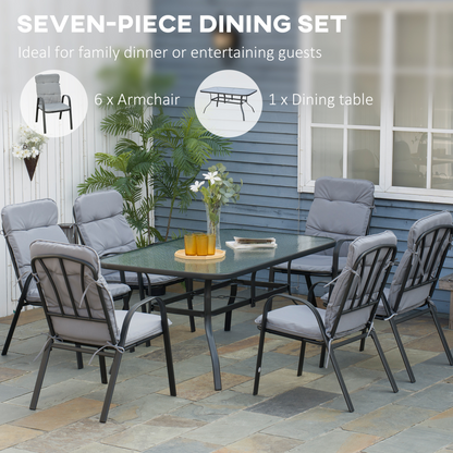 Outsunny 7 PCs Garden Dining Set, Glass Table w/ Umbrella Hole & Cushion, Black