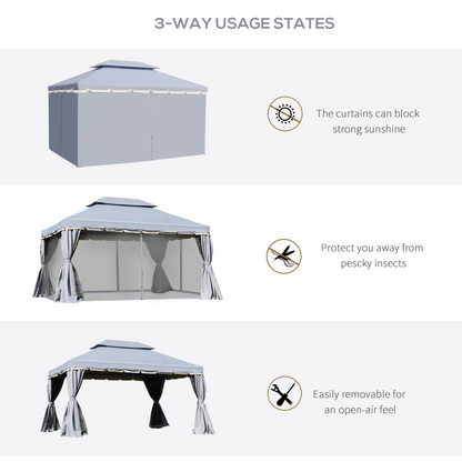 3 x 4m Aluminium Gazebo with 2 Tiers Roof Garden Nets Sidewalls - Grey