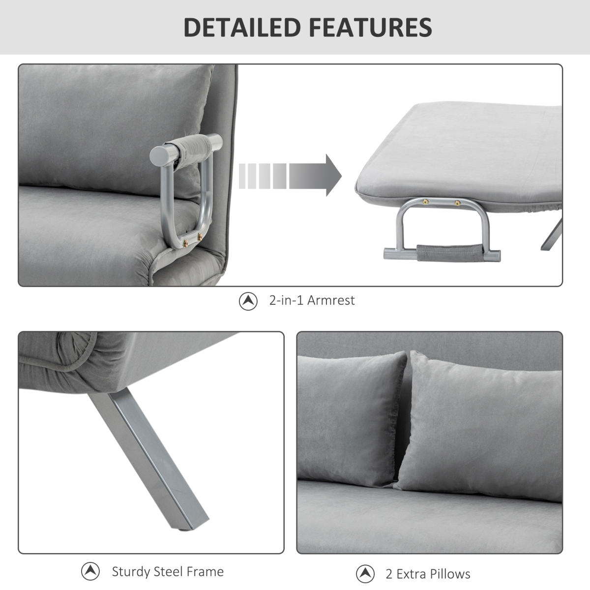 HOMCOM Fabric Convertible 2 Seater Sofa Bed w/ 2 Pillows, Light Grey