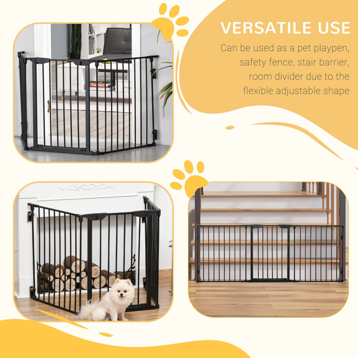 Pet Gate 3-Panel Dog Playpen for Indoor Stair Barrier W/ Walk Through Door Black