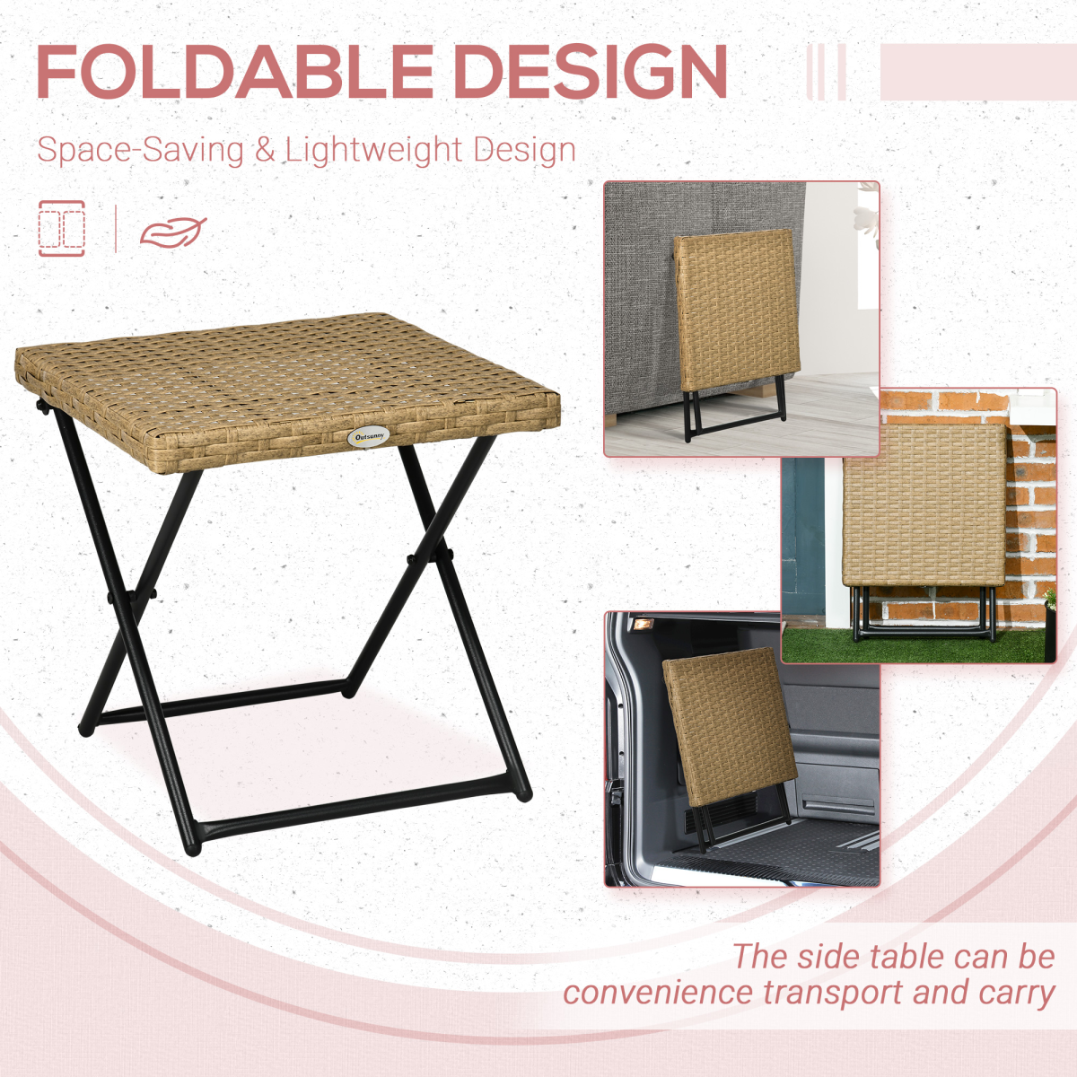 Outsunny Folding Square Rattan Coffee Table, Steel Frame Bistro Garden Natural