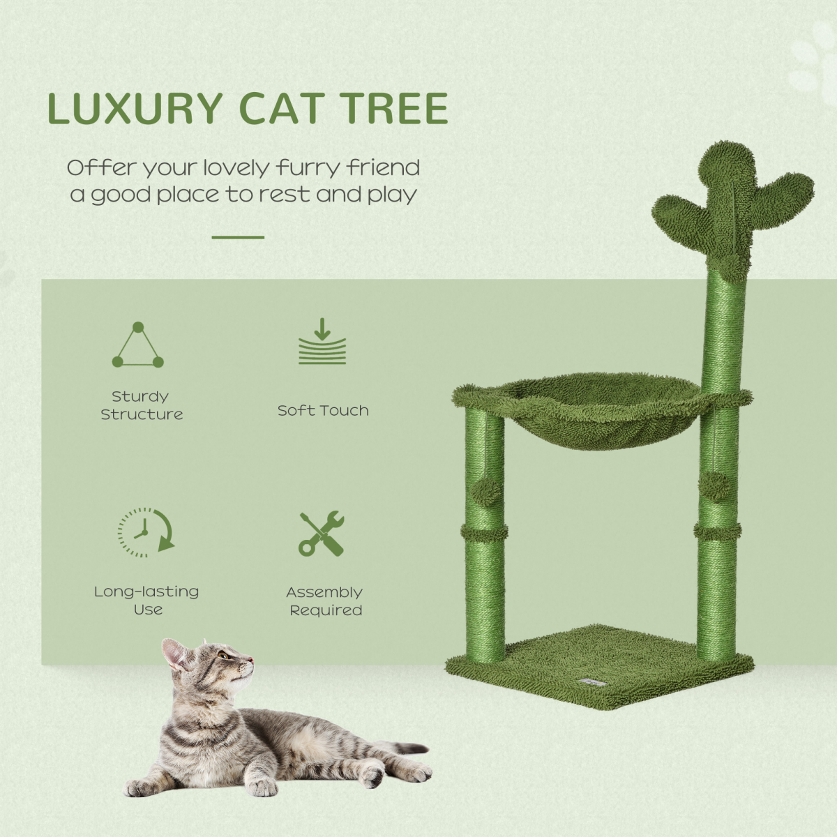 Cactus Cat Tree  for Indoor Cats w/ Scratching Post Hammock Bed Toy Ball - Green