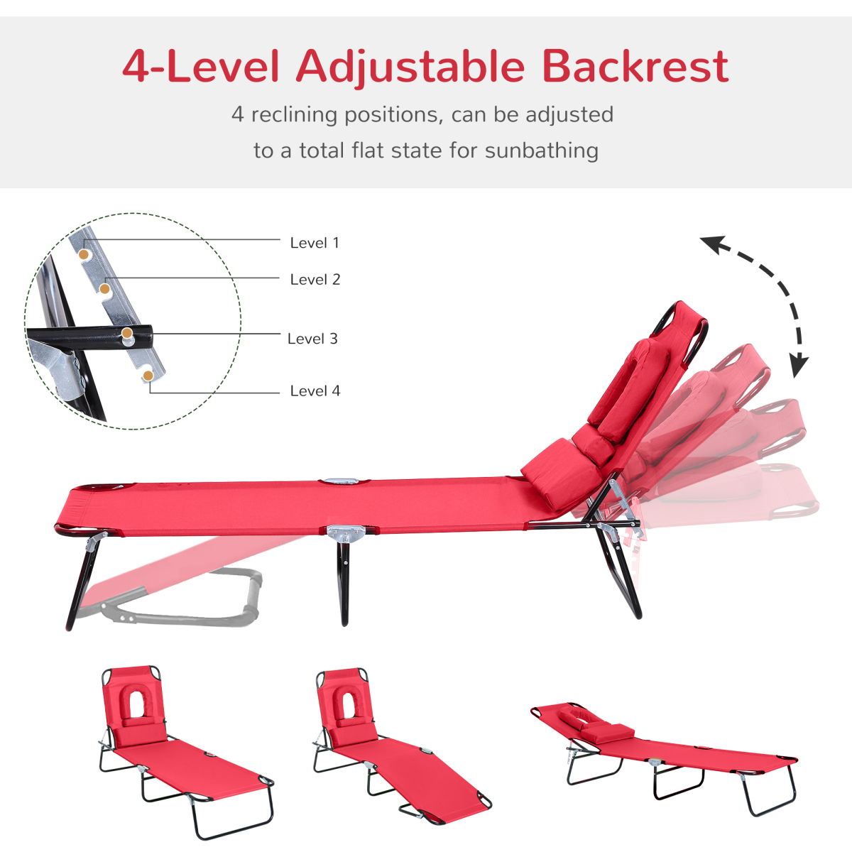 Outsunny Folding Sun Lounger Reclining Chair w/ Pillow Reading Hole Red