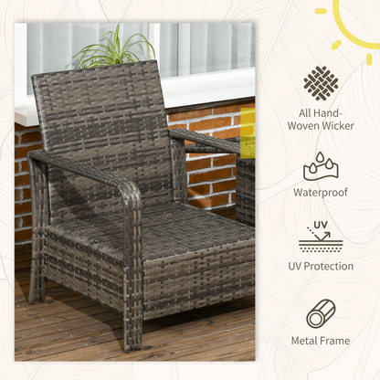 3 Piece PE Rattan Garden Sofa Set w/ 2 Chairs & Storage Table Grey Outsunny