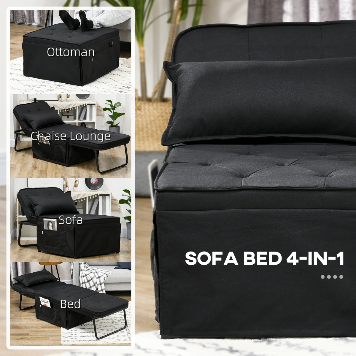 HOMCOM Folding Sleeper Chair Bed with Pillow and Side Pockets, Black