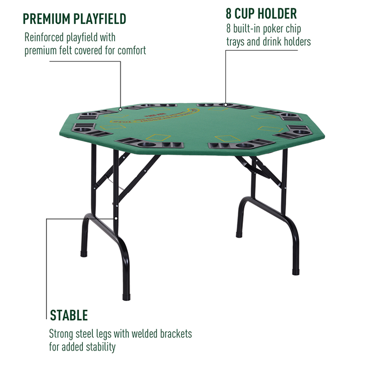 8 Player Folding Games Poker Table Chip Cup Holder Steel Base Felt  HOMCOM