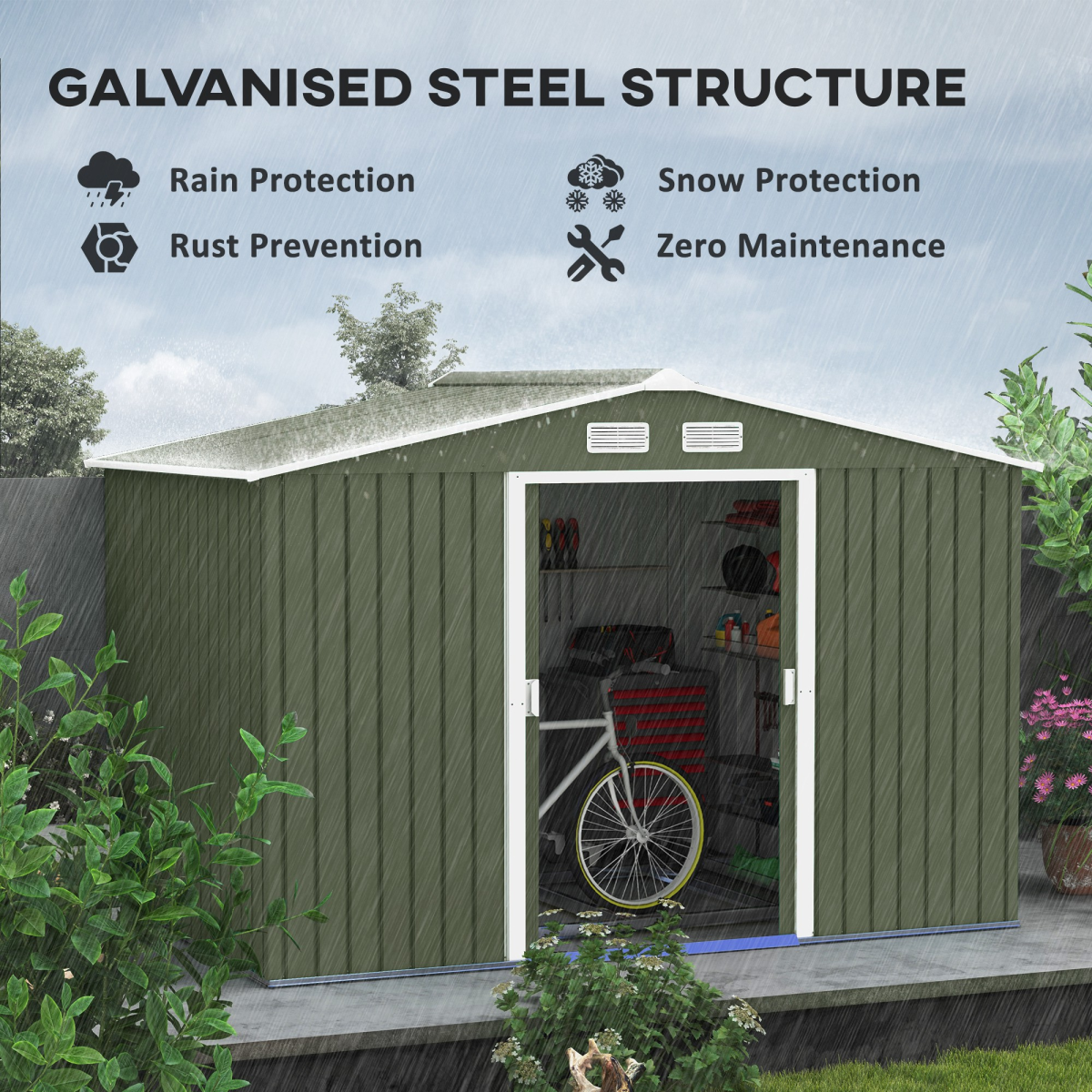 9 x 6FT Garden Metal Storage Shed Tool Box Foundation Vent & Doors  Green