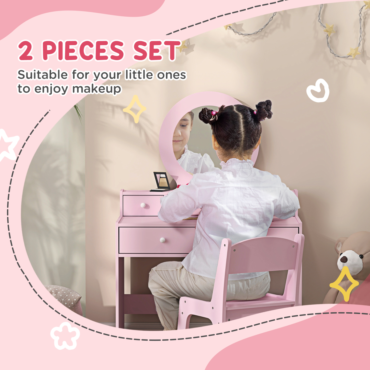 AIYAPLAY Kids Dressing Table Set w/ Stool, Mirror, Drawers - Pink