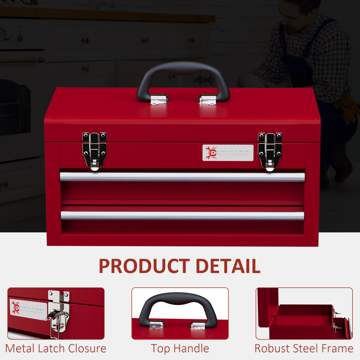 DURHAND Lockable 2 Drawer Tool Chest with Ball Bearing Slide Drawers Red