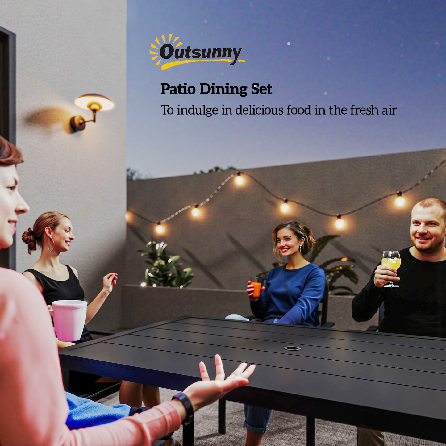Outsunny 7 PCs Garden Dining Set w/ Stackable Chairs and Metal Top Table, Black