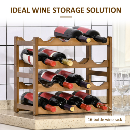 Bamboo Wine Rack 16 Bottles, 4-tier Display Storage Shelves for Countertop