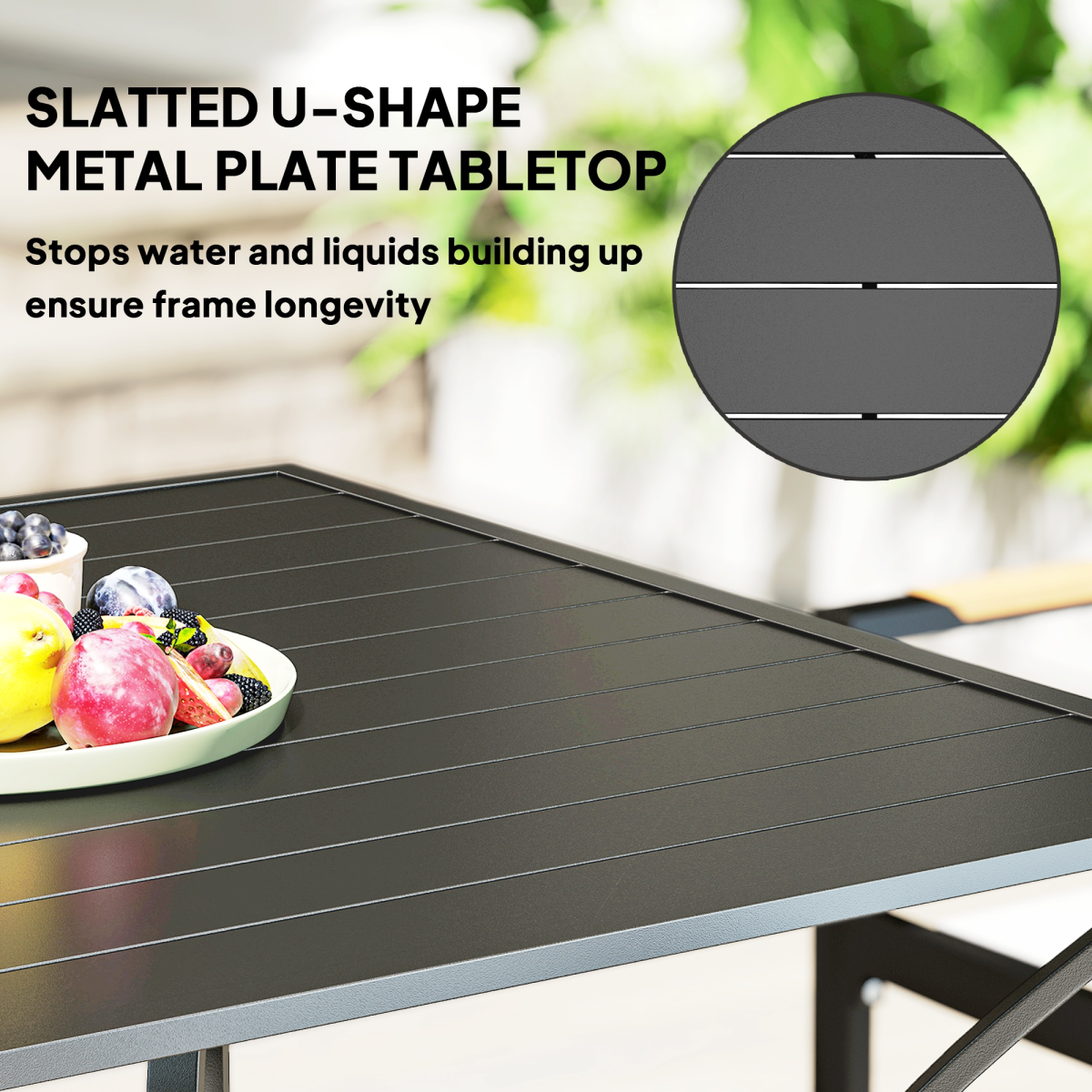 Outsunny Garden Table with Parasol Hole for Four, Slatted Metal Plate Top