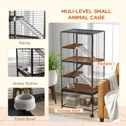 PawHut Ferret Cage 136cm Rolling Small Animal Cage w/ 3 Doors, Storage Shelf