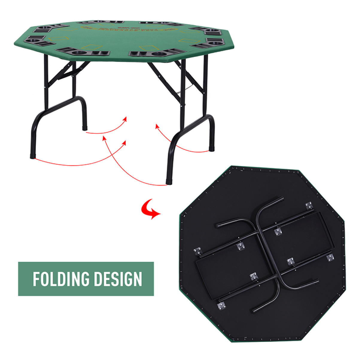 8 Player Folding Games Poker Table Chip Cup Holder Steel Base Felt  HOMCOM