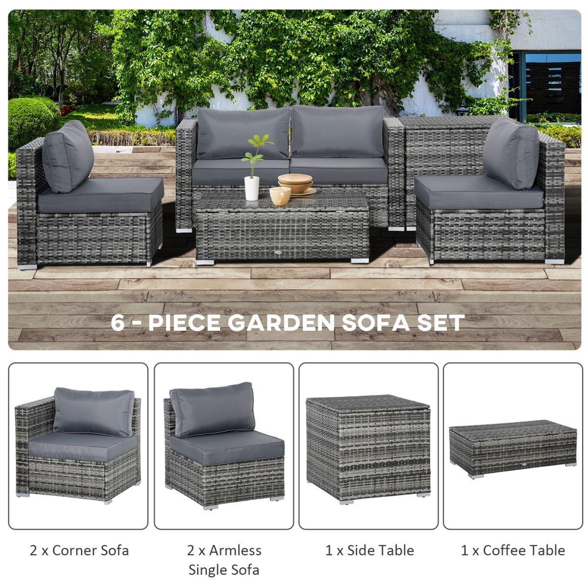 6PC Rattan Corner Sofa Set Table  w/ Cushion Grey