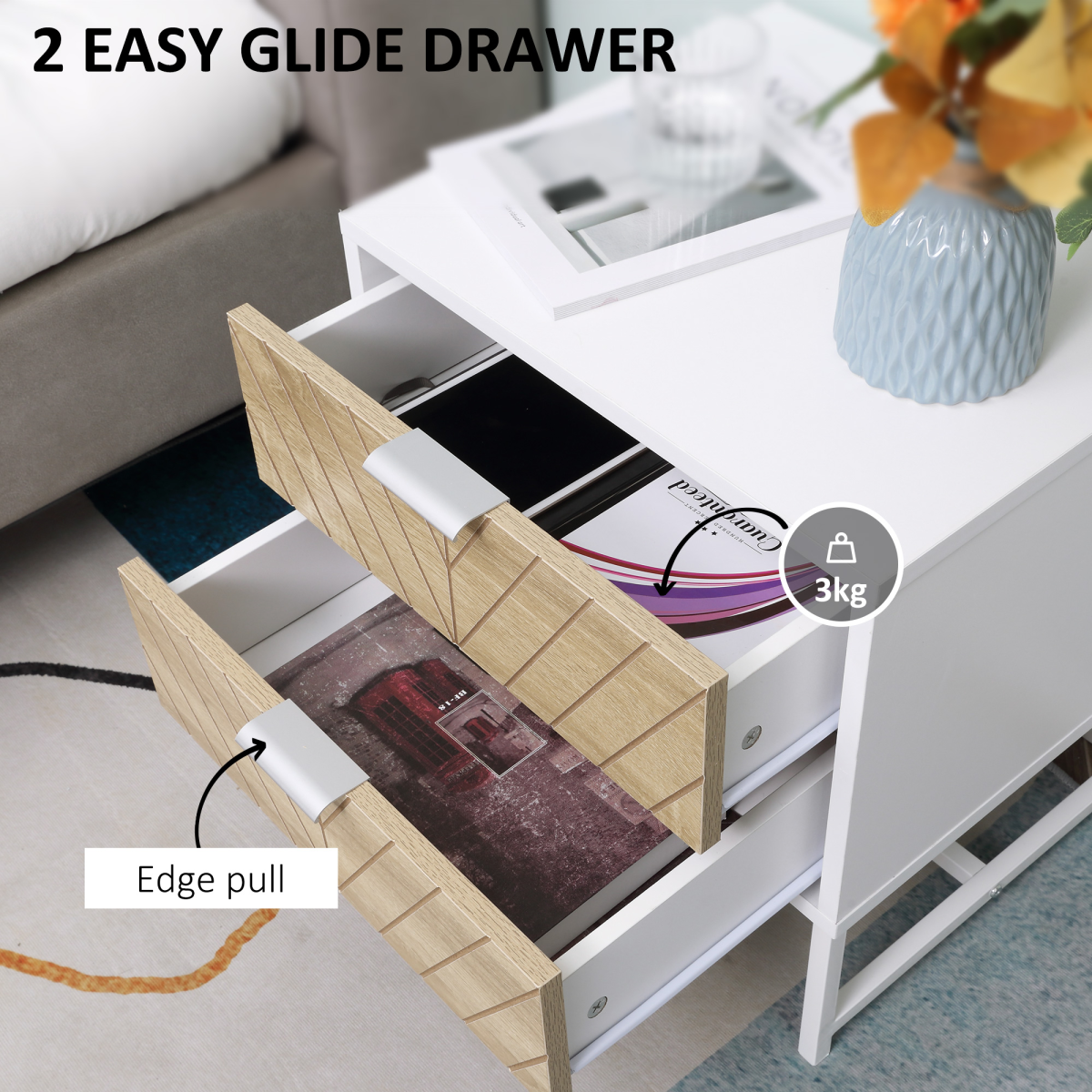 Modern Bedside Table with 2 Drawers, Sofa Side Table for Bedroom, White and Oak
