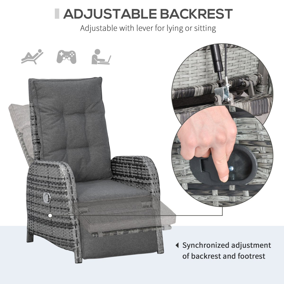 3 Pcs Rattan Chaise Lounge Sofa Set Bistro & Cushion Mixed Grey