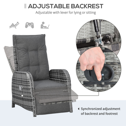 3 Pcs Rattan Chaise Lounge Sofa Set Bistro & Cushion Mixed Grey
