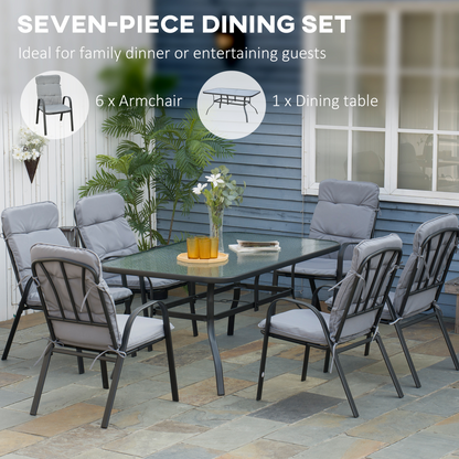 Outsunny 7 PCs Garden Dining Set, Glass Table w/ Umbrella Hole & Cushion, Black