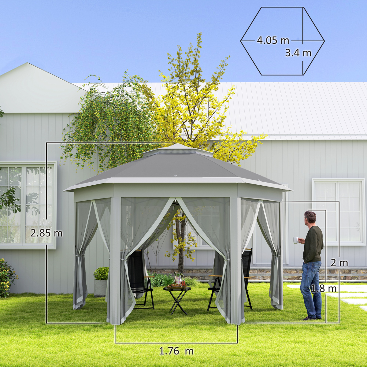 Outsunny 3x4m Hexagon Gazebo w/ Mesh Curtains Outdoor Garden, Dark Grey