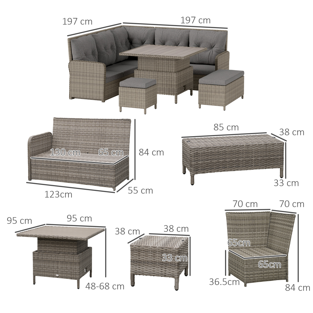 Outsunny 6 PCs Rattan Garden Furniture Sectional Corner Sofa, Light Grey