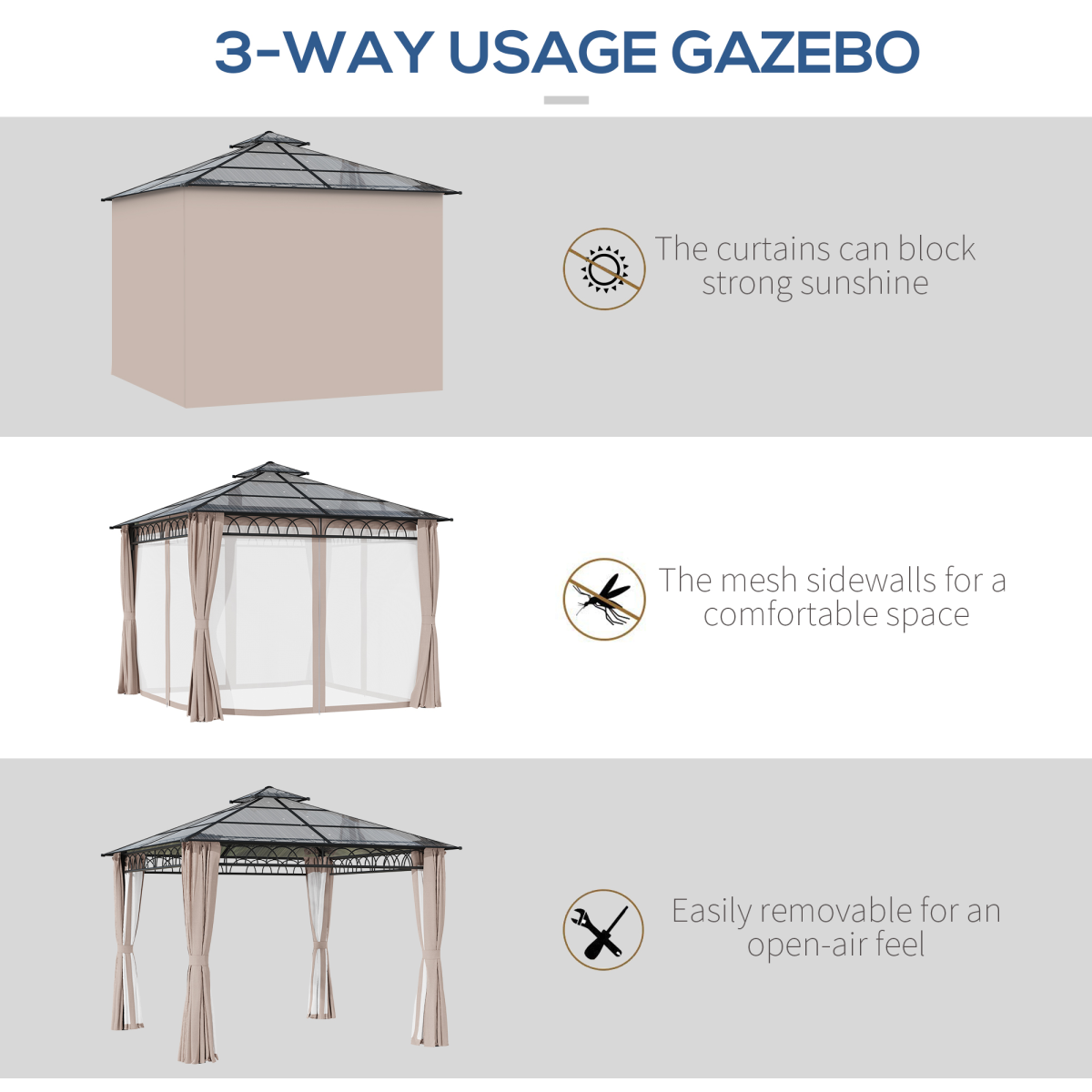 3 x 3 (m) Polycarbonate Gazebo, Hard Top Gazebo with Nettings & Curtains