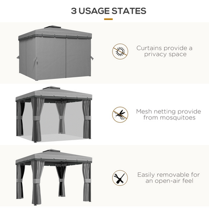 Outsunny 3 x 3(m) Patio Gazebo Garden Shelter w/ Mosquito Netting, Light Grey