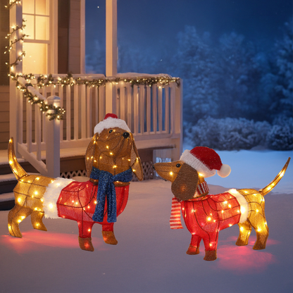 Set of 2 Lighted Dachshund Dog Christmas Decorations, Pre-lit Holiday Decor with 115 Warm White LED Lights for Xmas Outdoor Indoor Decor Lighted Holiday Displays, Brown