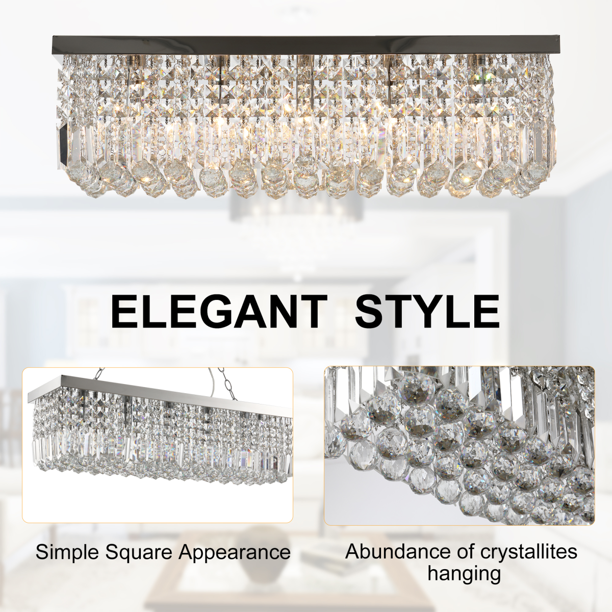 Modern Crystal Ceiling Light Square Crystal Chandelier E14 Base, Silver