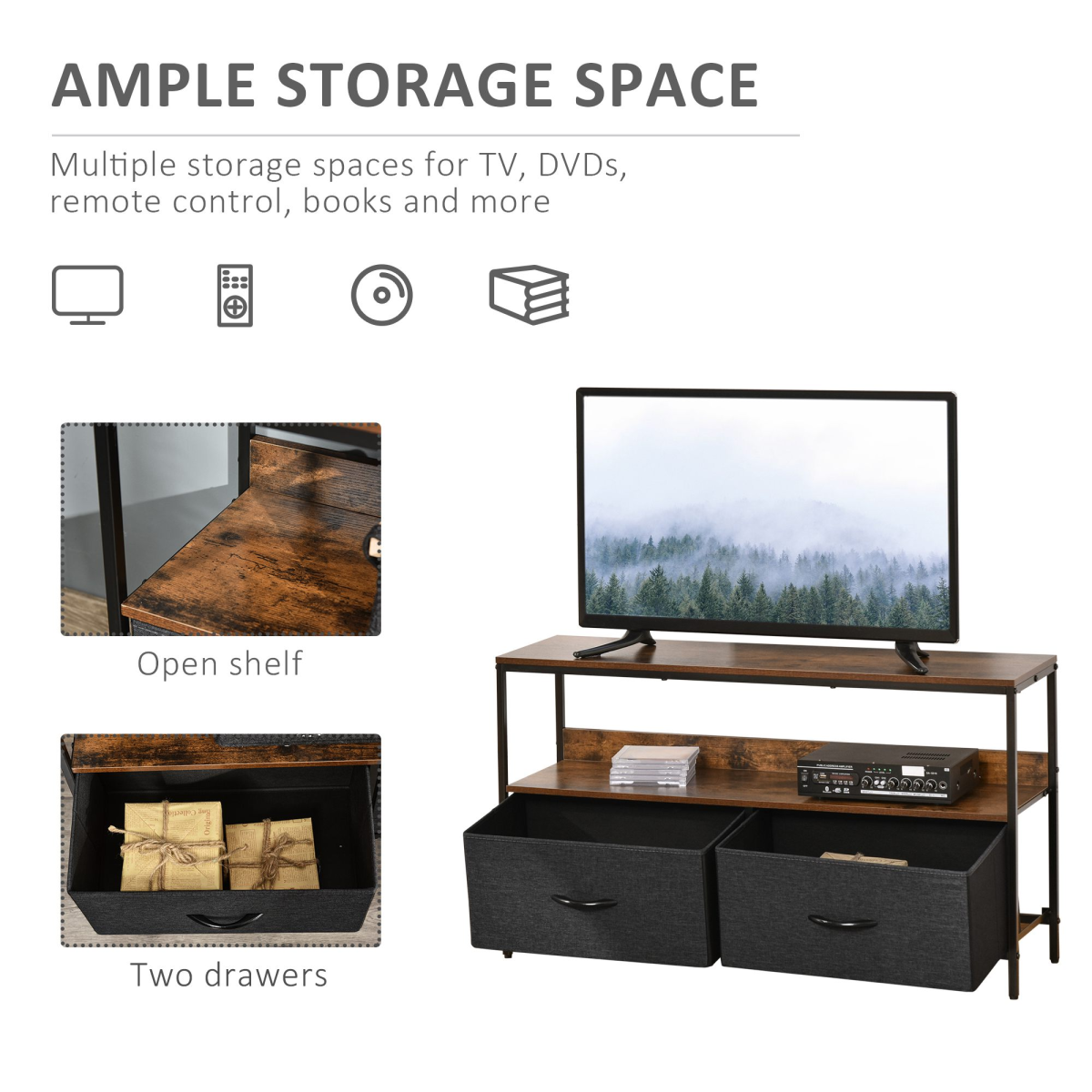 HOMCOM TV Cabinet, TV Console Unit 2 Foldable Linen Drawers, Rustic Brown